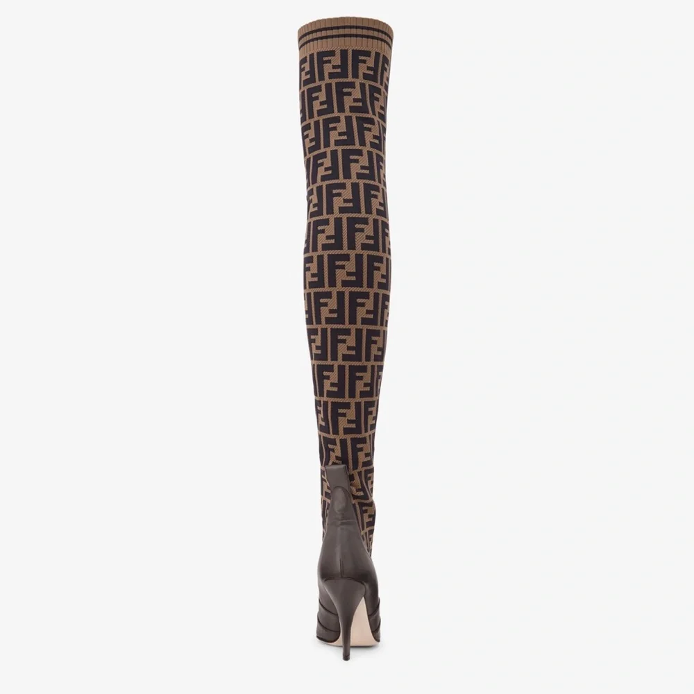 Fendi Rockoko Over the Knee Boots w FF Pattern leather sole ebano tabacco nero